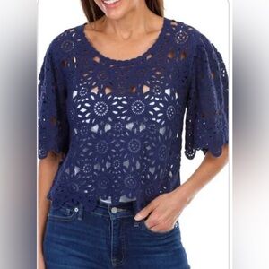 NWOT Solitaire Navy Blue Lace crochet Women's Top size large